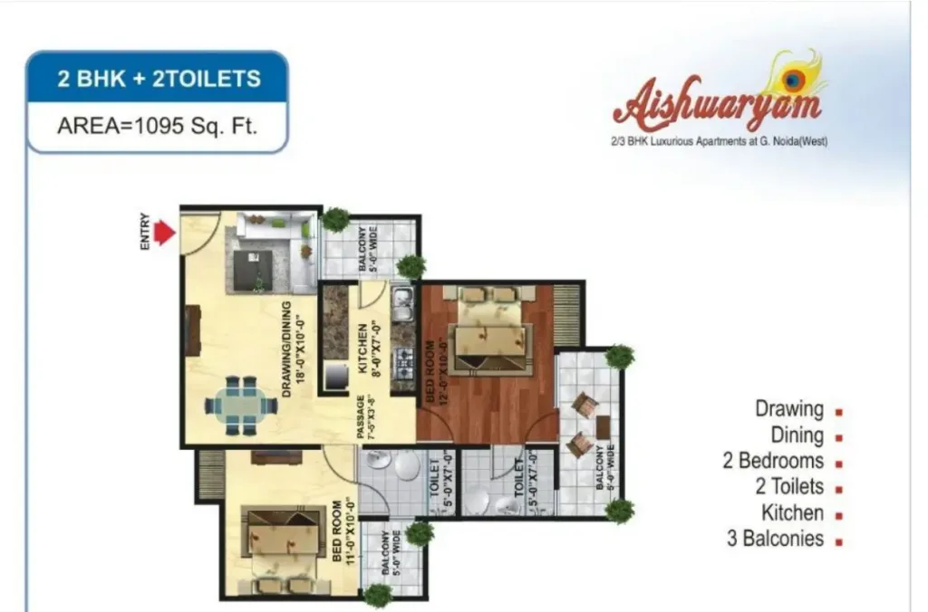 2 BHK 1095 sf. Aishwaryam, Gaur City 2, Noida Extension