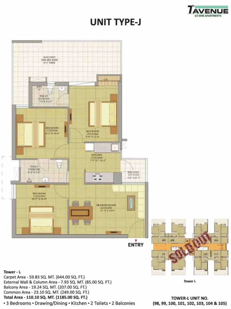 3bhk in 7th Avenue, Size 1185 Sf.